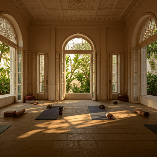 A peaceful traditional yoga shala interior